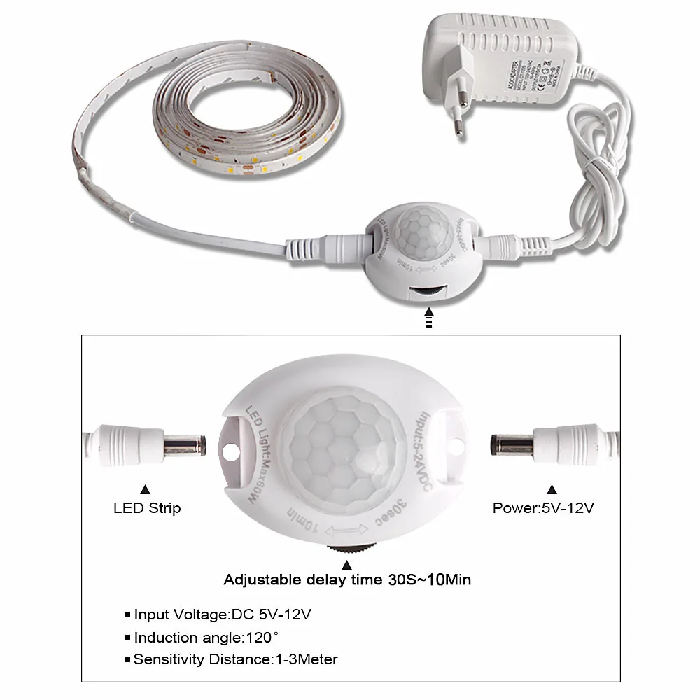 SMD2835 Vízálló LED Szalag Mozgásérzékelő Lámpa Tira LED 220V, hogy 12V Auto ON/OFF Rugalmas Neon Szalag 1M 5M Ledstrip Tápegység Kép 2