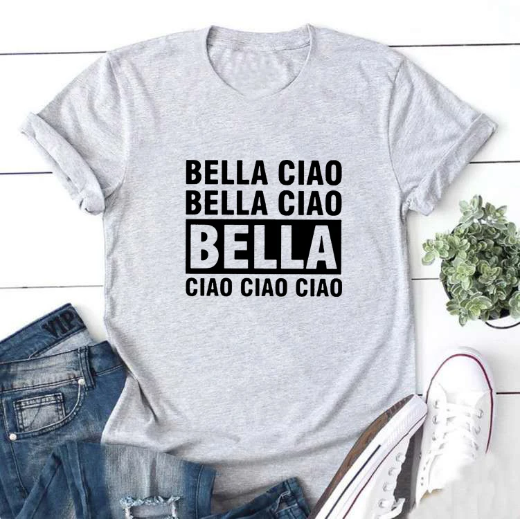 Bella Ciao, Vicces Póló Női Rövid Ujjú Pamut Tshirts Nők O-nyak, Laza Póló Femme Fekete-Fehér Camisetas Mujer Felső Kép 2