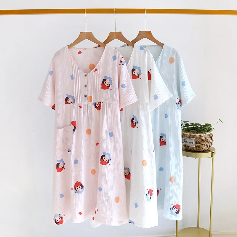 Japán 2021 új stílus női nyári rövid ujjú 100% pamut krepp ruhával haza szolgáltatás rózsaszín, egy darabból hálóingre édes szoknya Kép 2