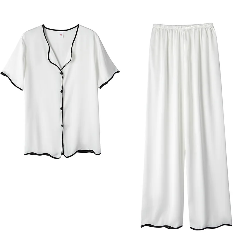 Női Pizsama Szett Hölgy Hálóruházat Hosszú Ujjú Jég Selyem Új Pizsama V-Nyakú Nadrág Őszi Divat Női Pizsama Homewear Fehér Kép 2