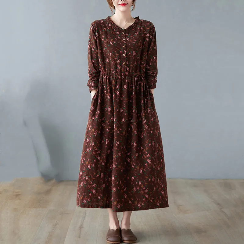 hosszú ujjú plus size pamut ágynemű vintage virágos ruha női alkalmi laza tavaszi, őszi ruha, elegáns ruha 2021 Kép 2