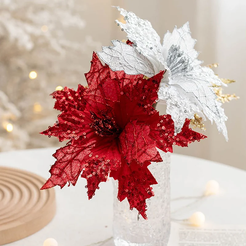 Virágok a karácsonyfa Dekoráció Mesterséges Virág Dísz, Fém Szár DIY Haza Esküvői Xmas Party Dekoráció Kép 2