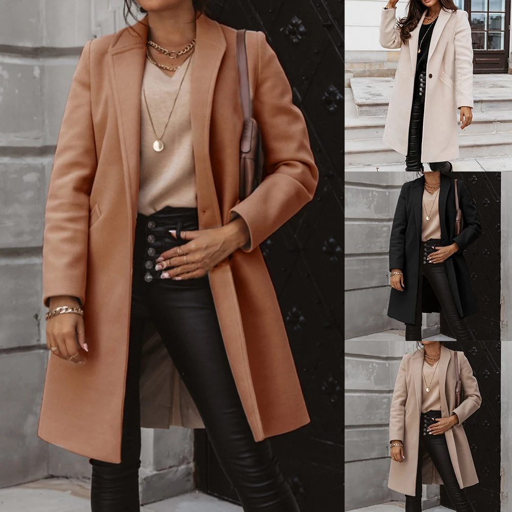 Téli Női Elegáns Gyapjú Keverék Kabát Divat Kapcsolja le a Gallér, Hosszú Kabátok Vintage egysoros Gyapjú Felöltő Outwear Kép 2
