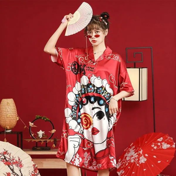 Plus Size Nők Hálóingre Hálóruházat Újdonság Nyomtatás Hálóing Kínai Stílusú Hálóruha Alkalmi Kimonó Fürdőköpeny Ruha Laza Homewear Kép 2