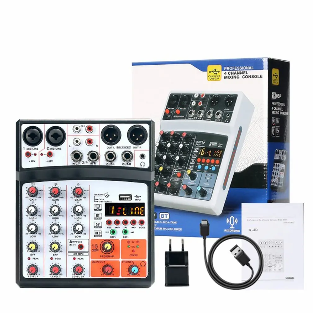 Protable Mini Mixer Audio DJ Konzol 4-csatornás Hanggal Kártya, USB, 48V fantomtáp PC Felvétel Énekel Adás Fél Kép 2