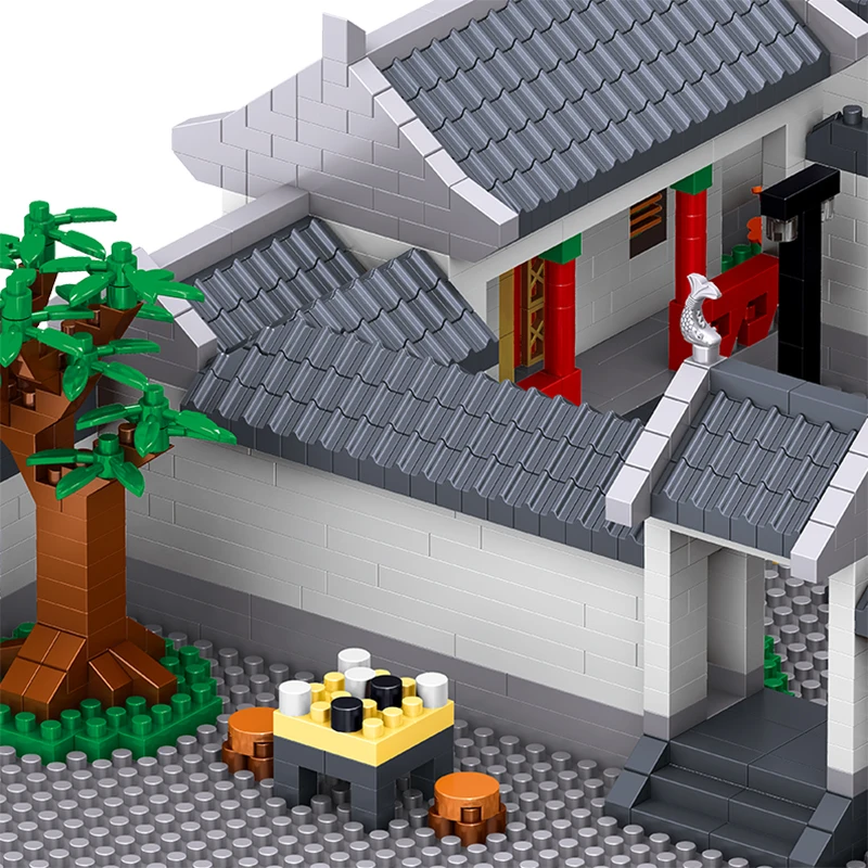 MOC Ősi Kínai Klasszikus Ház Építészeti Udvari Lakások, Fa, Virág, 3D Modell, Mini Gyémánt Blokk Tégla Épület Játékok Kép 2