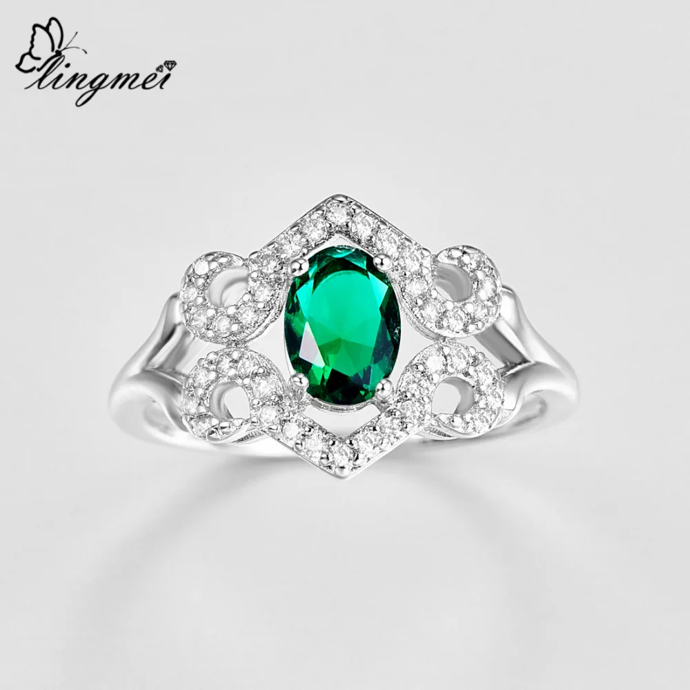 Lingmei Új Luxus, Gyönyörű Ajándék, Ékszer, Ovális Vágott Green & Blue & Fehér Aranyozott Gyűrű Ezüst Színű Ékszert A Nők Méret 6-9 Kép 2