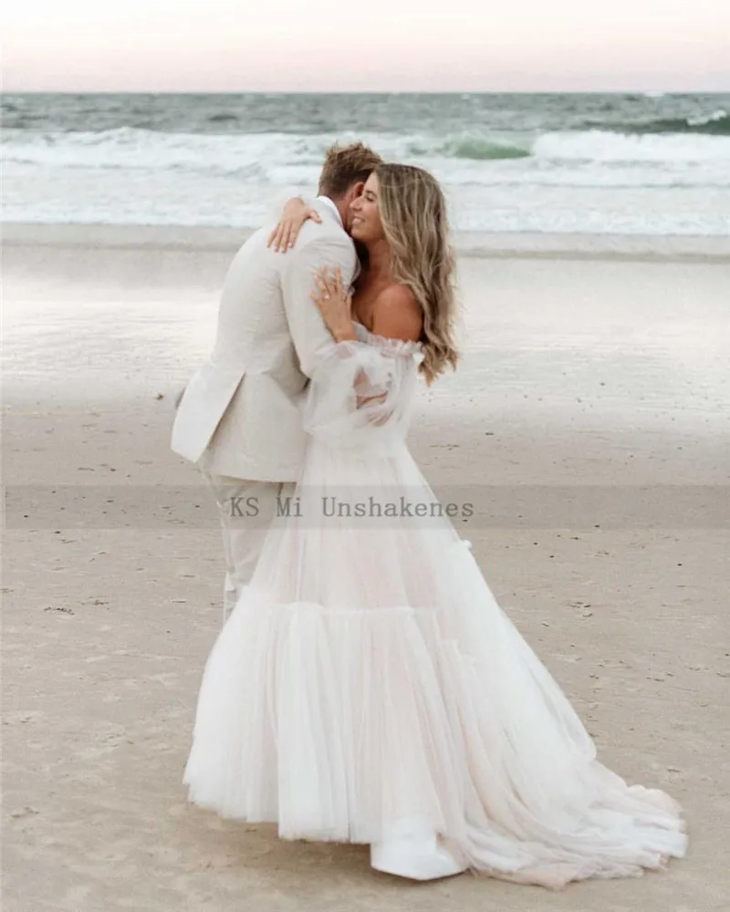 2022 Új Tervező Romantikus Beach Esküvői Ruha Női Nyári Tündér Bohém Menyasszonyi Ruhák Puff Hosszú Ujjú Esküvői Ruhák Tulle Kép 2