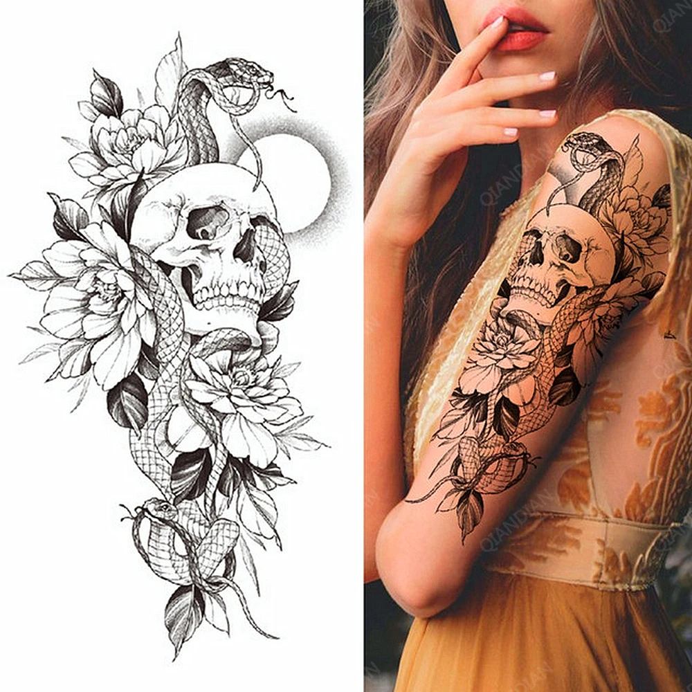 A Nők Ideiglenes Tetoválás Szexi Virág Kígyó Rose Koponya Madár Szépség Fél Karját Body Art Henna Vízálló Hamis Tetoválás Matricák Kép 3