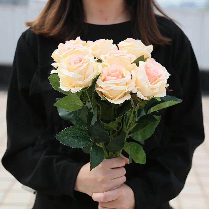 10db Mesterséges Rózsa Virág Esküvő Party Szülinapi ajándék Szimuláció Hamis Selyem Ruhát, Virág, Menyasszony csokor Rózsát Haza Esküvő Kép 3