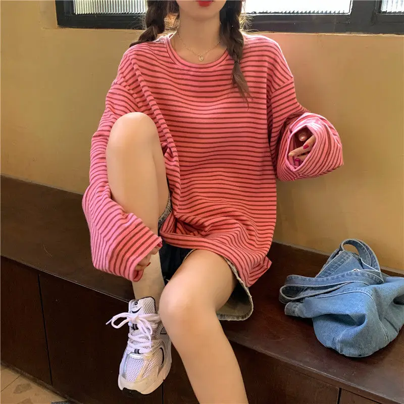 Női Hosszú Ujjú póló, Laza Csíkos Tavaszi Őszi Összes mérkőzés Diákok Maximum Túlméretes Alkalmi koreai Stílus Ulzzang Napi Trendi Kép 3