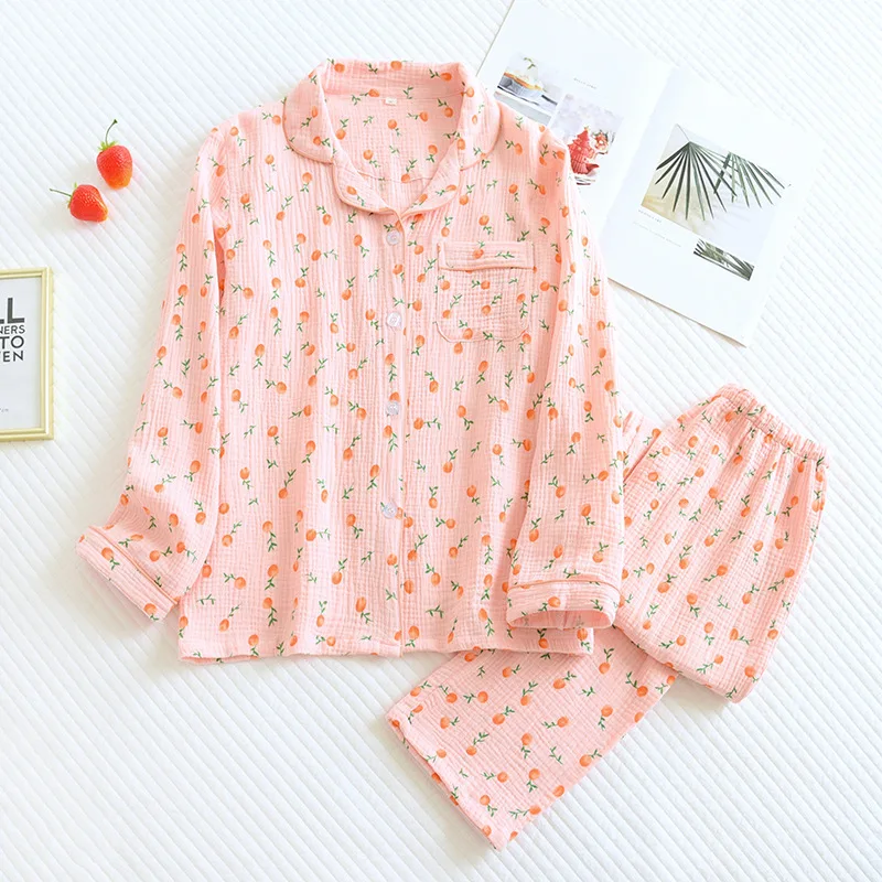Új tavaszi nyári női pizsama, hosszú ujjú nadrág 100% pamut krepp aranyos kis narancssárga virágos kardigán home service set Kép 3