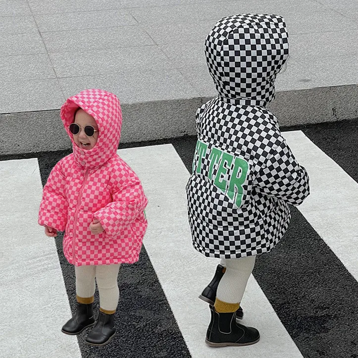 Divat-koreai Stílus Gyermek Kabát Kockás Design Kapucnis Sűrűsödik Meleg Kabát Téli Ruhát a Lányok, mind a Fiúk Kép 3