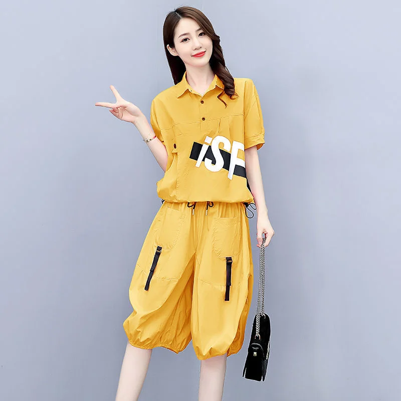 2021 Új Nyári Női Ruhák, Alkalmi póló, Laza Széles Láb Rövidnadrág 2 darabos Készlet, A Nők Plus Size Divat koreai Crop Top Kép 3