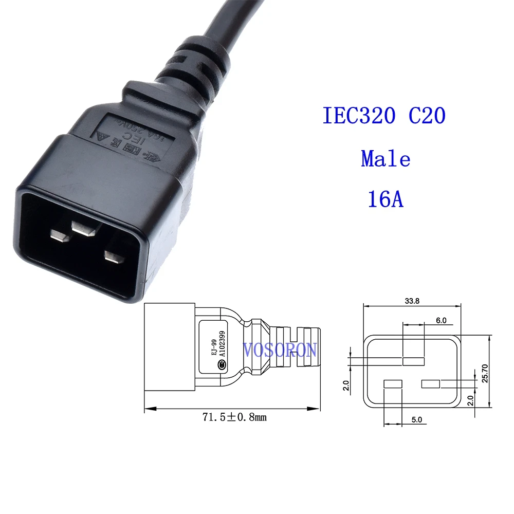 IEC-C20, hogy C13 UPS PDU Elosztó hálózati Kábel, 10A, hogy 16A Hosszabbító Kábel 3G1.5 H05VV-F Wire Gauge 0,5 m/1.8 m Kép 3