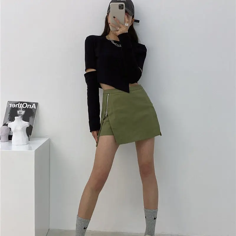 Szoknyák Nők koreai Stílus Egy-line Sxey Szabadidő Cipzár Új Nyári Női All-mérkőzés Trendi Streetwear Szilárd, Magas Derék Elegáns Retro Kép 3