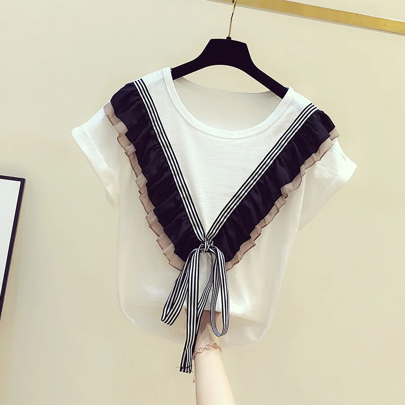MUMUZI 2021 nyáron új koreai fodor nyakkendő íj maximum laza nagy méretű póló női hit színű póló maximum divat-stílus Kép 3