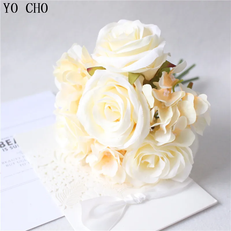 YO CHO Esküvői Csokor Rózsa, Bazsarózsa Hortenzia Selyem Virág Rózsaszín Fehér Menyasszonyi Koszorúslány Csokor Mariage Esküvői Kiegészítők Kép 3