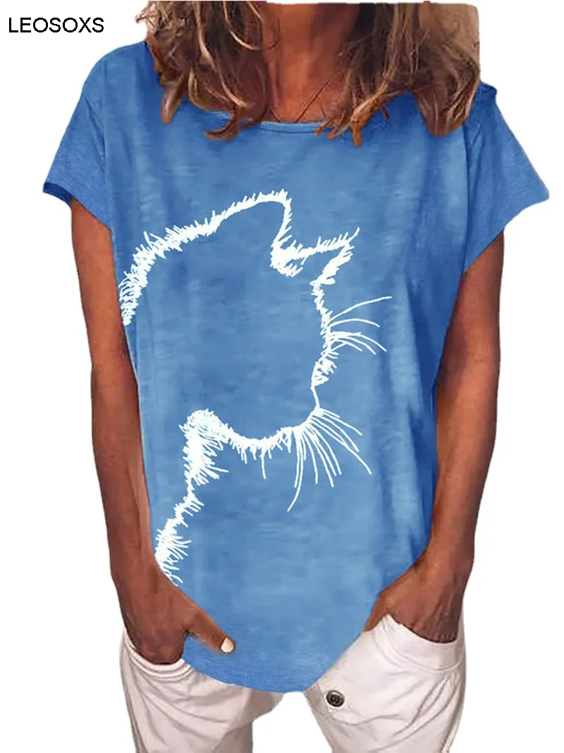 Női Nyári 2021 T-Shirt Harajuku Macska Fejét a Nyomtatás Alkalmi Laza Kerek Nyakú, Rövid Ujjú Összes mérkőzés Póló Kép 3