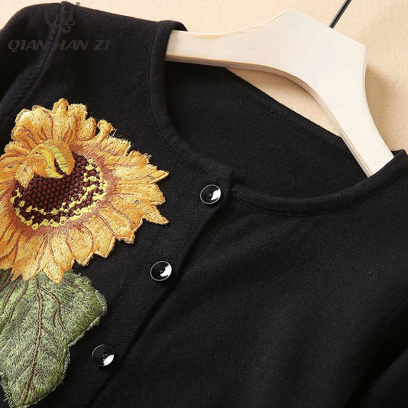 QHZ divat kifutón tavaszi/őszi kötött kabát egysoros napraforgó hímzett applied kötött kardigán, női hosszú ujjú Kép 3