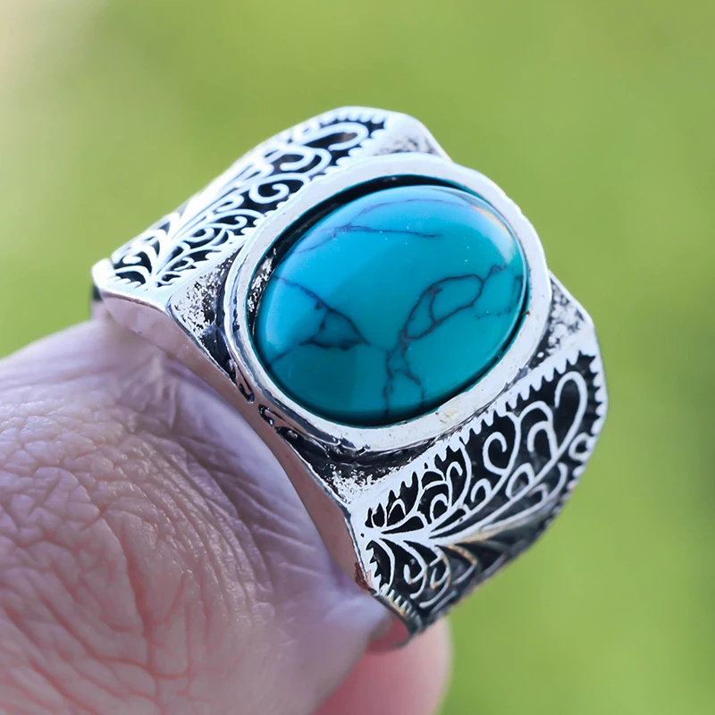 Régi Ezüst Színű Ovális Turquoises Gyűrű Antik Hallow ki Hullám Gyűrűk Nők Gótikus Partira Évforduló Retro Ékszer Ajándék Kép 3