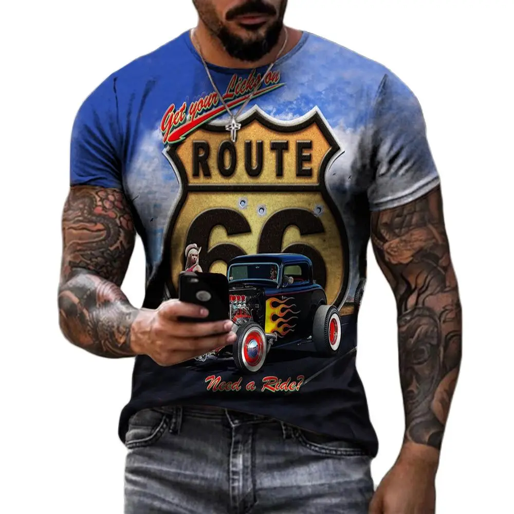Nyári Póló Férfi a 66-os úton póló Férfi Utcai T-shirt O-nyakú, Rövid ujjú Streetwear Férfi Alkalmi Túlméretezett pólók Felsők Kép 3