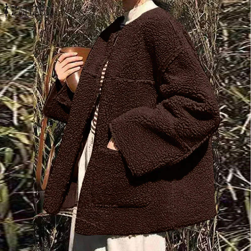 Téli Laza Outwear Kabát Női Alkalmi Szilárd Hosszú Ujjú Kabátot ZANZEA Vintage Zip Puha Plüss Kabát Őszi Túlméretezett Ruhájának Kép 3