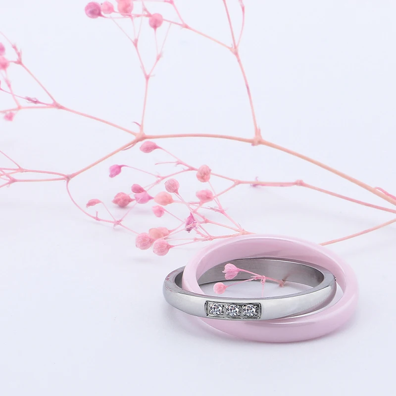 Új Rozsdamentes Acél Kerámia Rózsaszín Kerek Cirkon Gyűrű A Nők Lány Esküvői Divat Ékszer Eljegyzési Ígérem, Dupla Ujj Gyűrű Kép 3