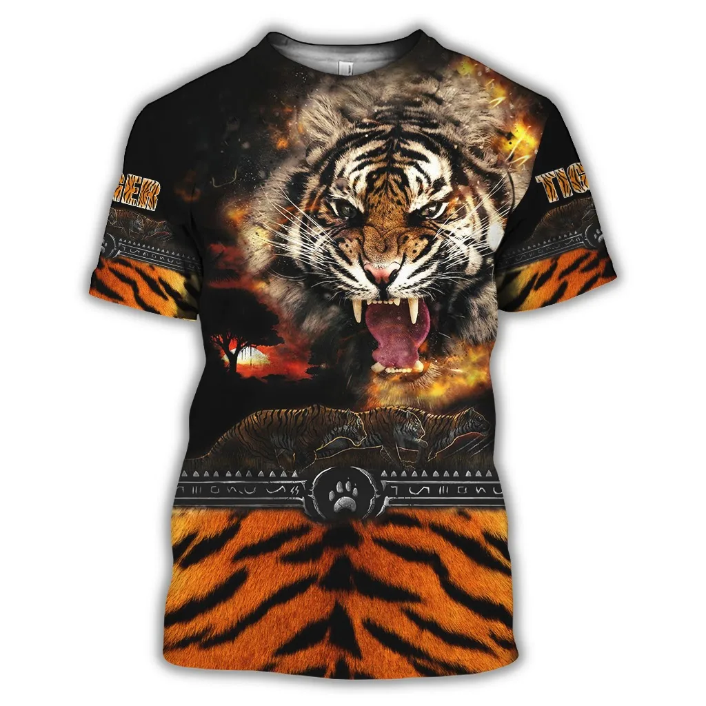 Szabadidő 3D tigris mintás póló/ing, alkalmi O-nyakú férfi rövid ujjú divatos nyári póló dzseki méret Kép 3