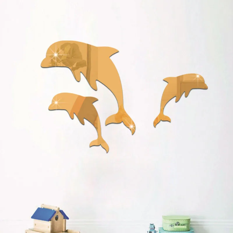 1 Készlet Fali Tükör, Akril Matrica, 3D Aranyos Delfin Kombináció Tükör Hatását, Fali Matrica, Matrica lakberendezés Fürdőszoba Matricák Kép 3
