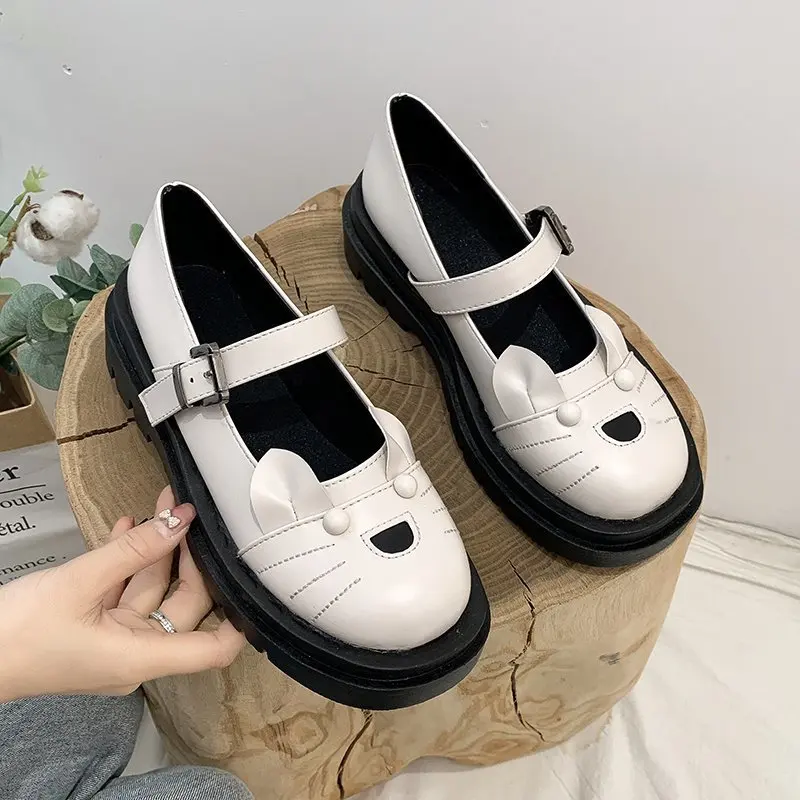 Női vastag, alacsony sarkú vastag talpú muffin naplopók Brit szél Mary Jane kis bőr cipő Japán egységes cipő Kép 3