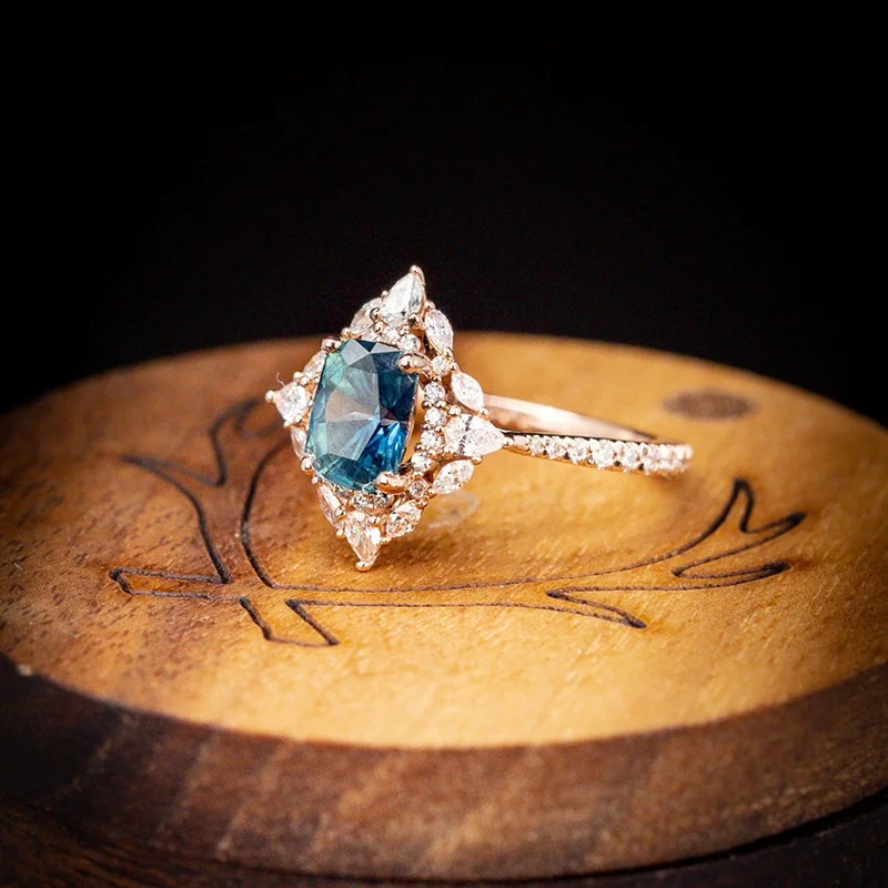 Gyönyörű kék drágakő, gyémánt, születésnapi évforduló ajándék Női Gyűrű Kép 3