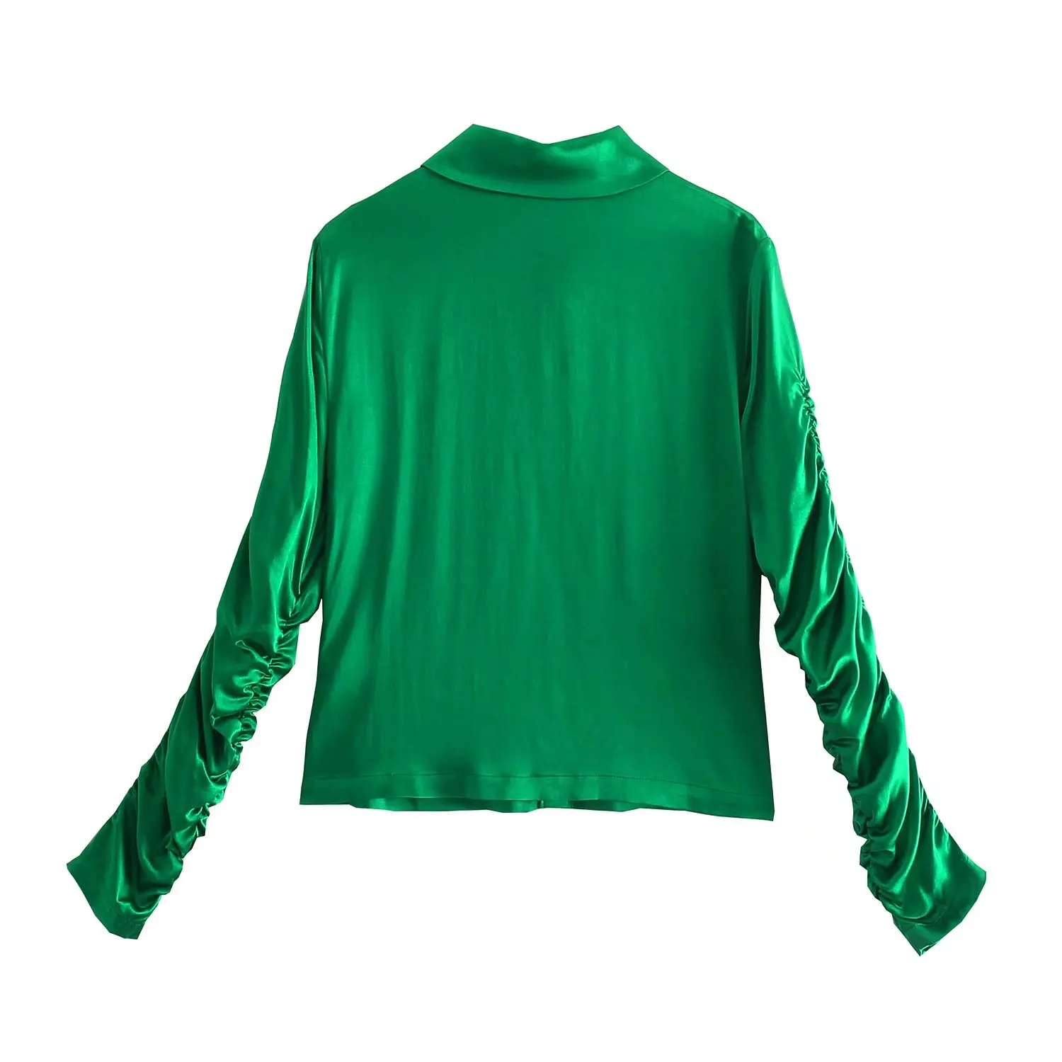 2021 Za Női Ruched Puff Ujjú Zöld Póló Nő Vintage Felszerelt Blúz Gomb Vékony Felső Elegáns Feminino Elegáns Szatén Ing Kép 3