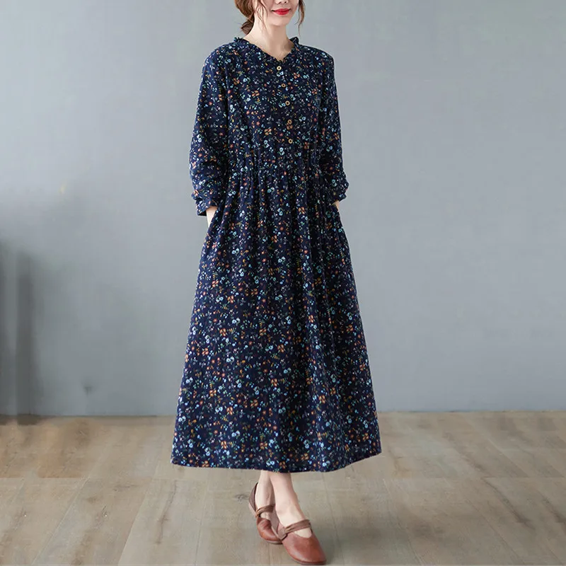 hosszú ujjú plus size pamut ágynemű vintage virágos ruha női alkalmi laza tavaszi, őszi ruha, elegáns ruha 2021 Kép 3