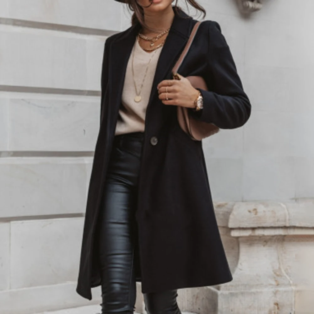 Téli Női Elegáns Gyapjú Keverék Kabát Divat Kapcsolja le a Gallér, Hosszú Kabátok Vintage egysoros Gyapjú Felöltő Outwear Kép 3