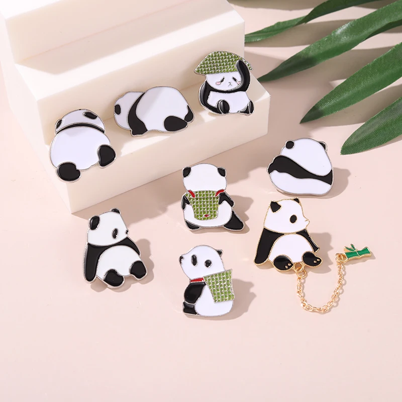 Cuki Panda Zománc Csapok Hazudik Bambusz Kalap, Kosár, Aranyos Bross Kitűző Jelvény Hátizsák Ajándék azok számára, akik Szeretik a Panda Ékszerek Kép 3