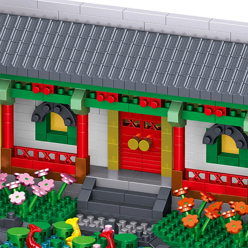 MOC Ősi Kínai Klasszikus Ház Építészeti Udvari Lakások, Fa, Virág, 3D Modell, Mini Gyémánt Blokk Tégla Épület Játékok Kép 3
