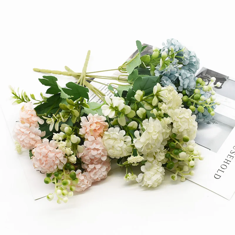 1 Csokor Selyem Hortenzia Mesterséges Virágokat, Otthoni Dekoráció Kiegészítők, Esküvői Dekorációs Hamis Növények Nappali Bútorok Kép 3