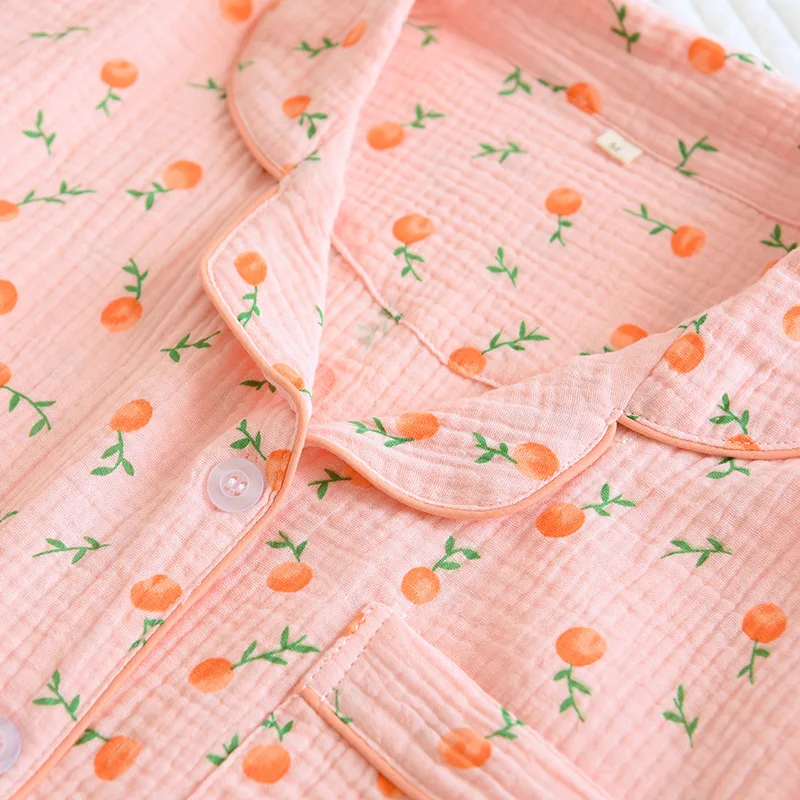Új tavaszi nyári női pizsama, hosszú ujjú nadrág 100% pamut krepp aranyos kis narancssárga virágos kardigán home service set Kép 4