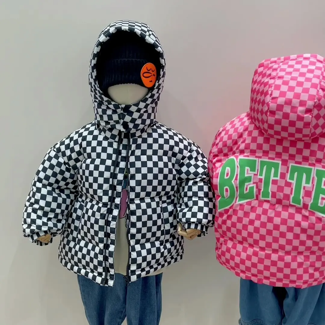 Divat-koreai Stílus Gyermek Kabát Kockás Design Kapucnis Sűrűsödik Meleg Kabát Téli Ruhát a Lányok, mind a Fiúk Kép 4