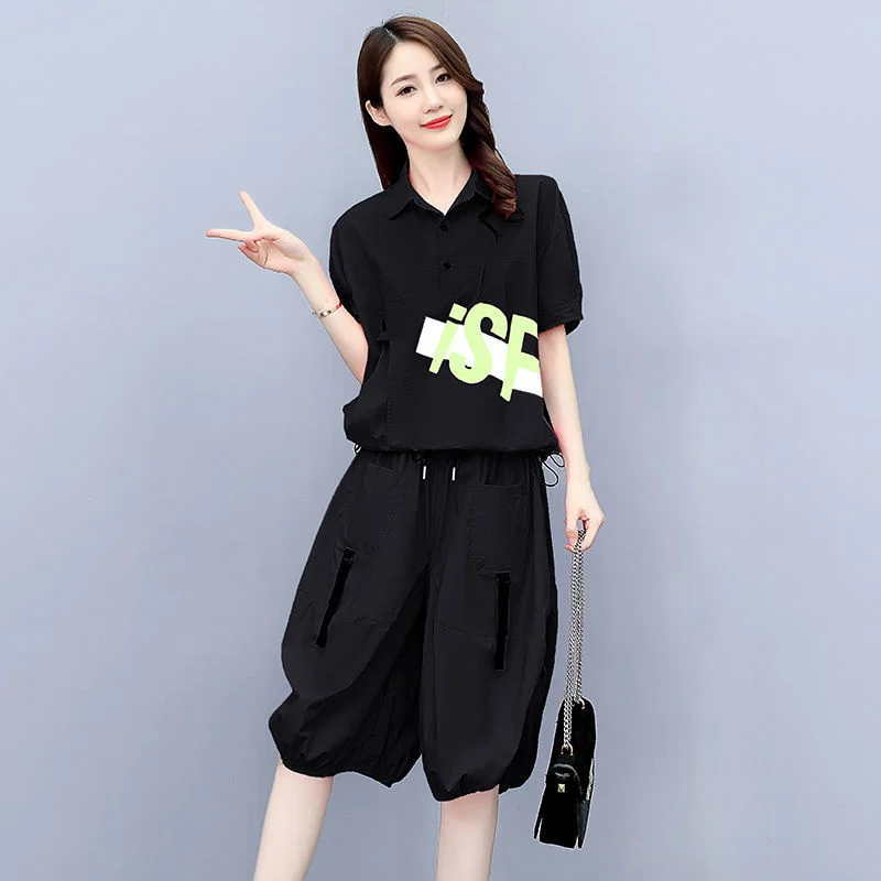2021 Új Nyári Női Ruhák, Alkalmi póló, Laza Széles Láb Rövidnadrág 2 darabos Készlet, A Nők Plus Size Divat koreai Crop Top Kép 4