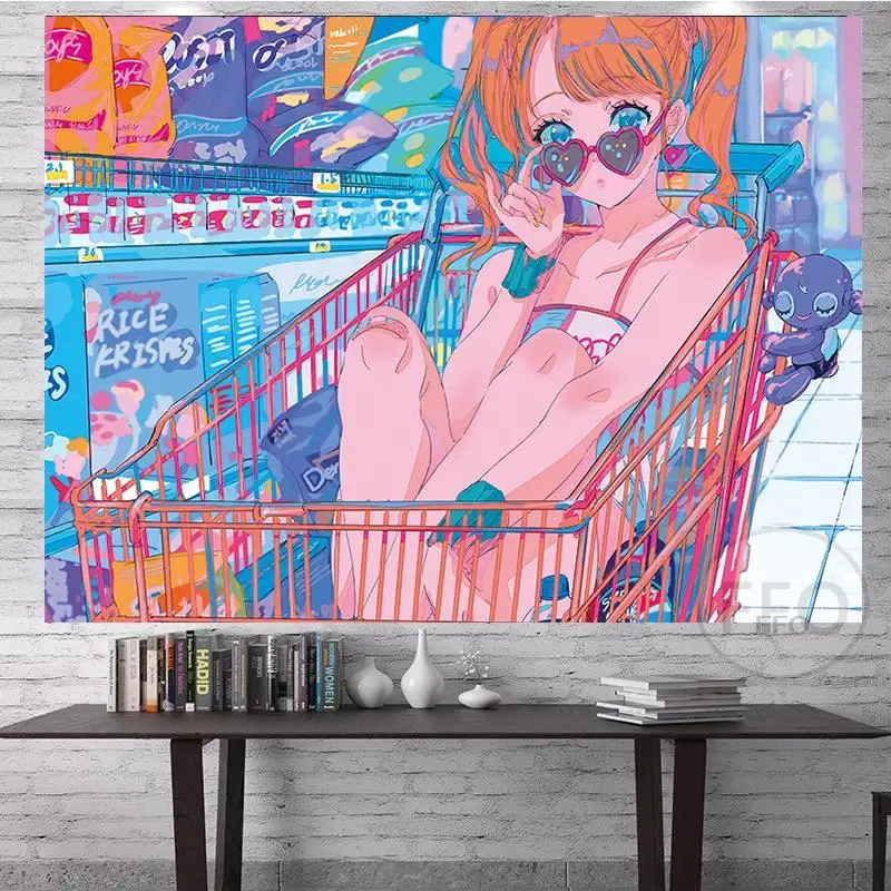 FFO Anime Gobelin Falra Esztétikai Illusztráció, Festmény, Aranyos Lány Művészet Plakát Gobelin Kárpit Takaró lakberendezés Kép 4