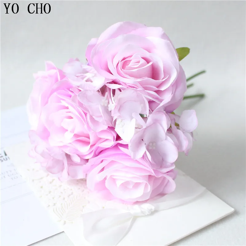 YO CHO Esküvői Csokor Rózsa, Bazsarózsa Hortenzia Selyem Virág Rózsaszín Fehér Menyasszonyi Koszorúslány Csokor Mariage Esküvői Kiegészítők Kép 4