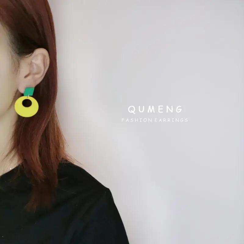 QUMENG 2020 koreai Új Geometriai Tér Kerek Akril Festék Fülbevaló Női nyári cukorka Színű Fülbevaló Ékszer Kép 4