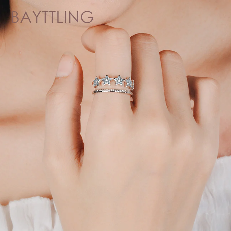 BAYTTLING 925 Sterling Ezüst Luxus Kettős Csillag Cirkon Nyitott Gyűrű Női Divat, Ékszerek, Pár Gyűrű Ajándék Kép 4