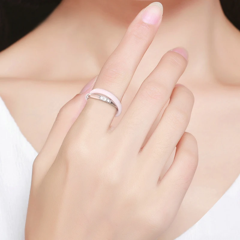 Új Rozsdamentes Acél Kerámia Rózsaszín Kerek Cirkon Gyűrű A Nők Lány Esküvői Divat Ékszer Eljegyzési Ígérem, Dupla Ujj Gyűrű Kép 4