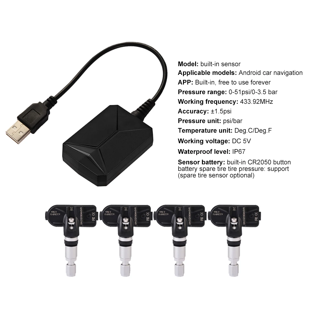 Keréknyomás Ellenőrző Rendszer USB TPMS Gumiabroncs Nyomás Temperatue Monitor Külső/Belső Érzékelők Android Autó Hifi Kép 4
