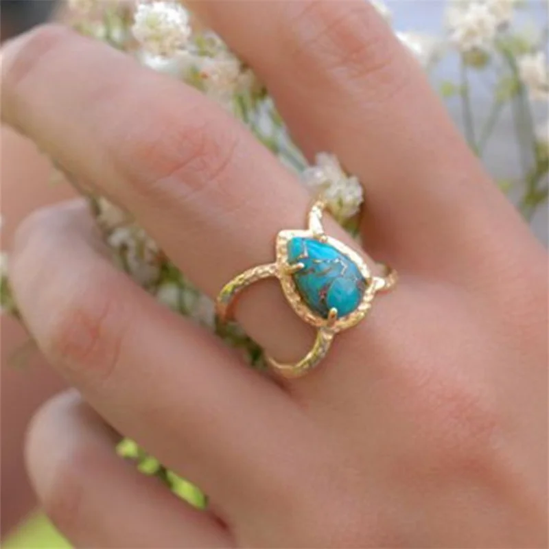 Évjárat Természetes Kék Turquoises Gyűrűk Nők Antik SilverColor Titán Kettős Réteg Lány Ujj Gyűrű Ékszer Kép 4