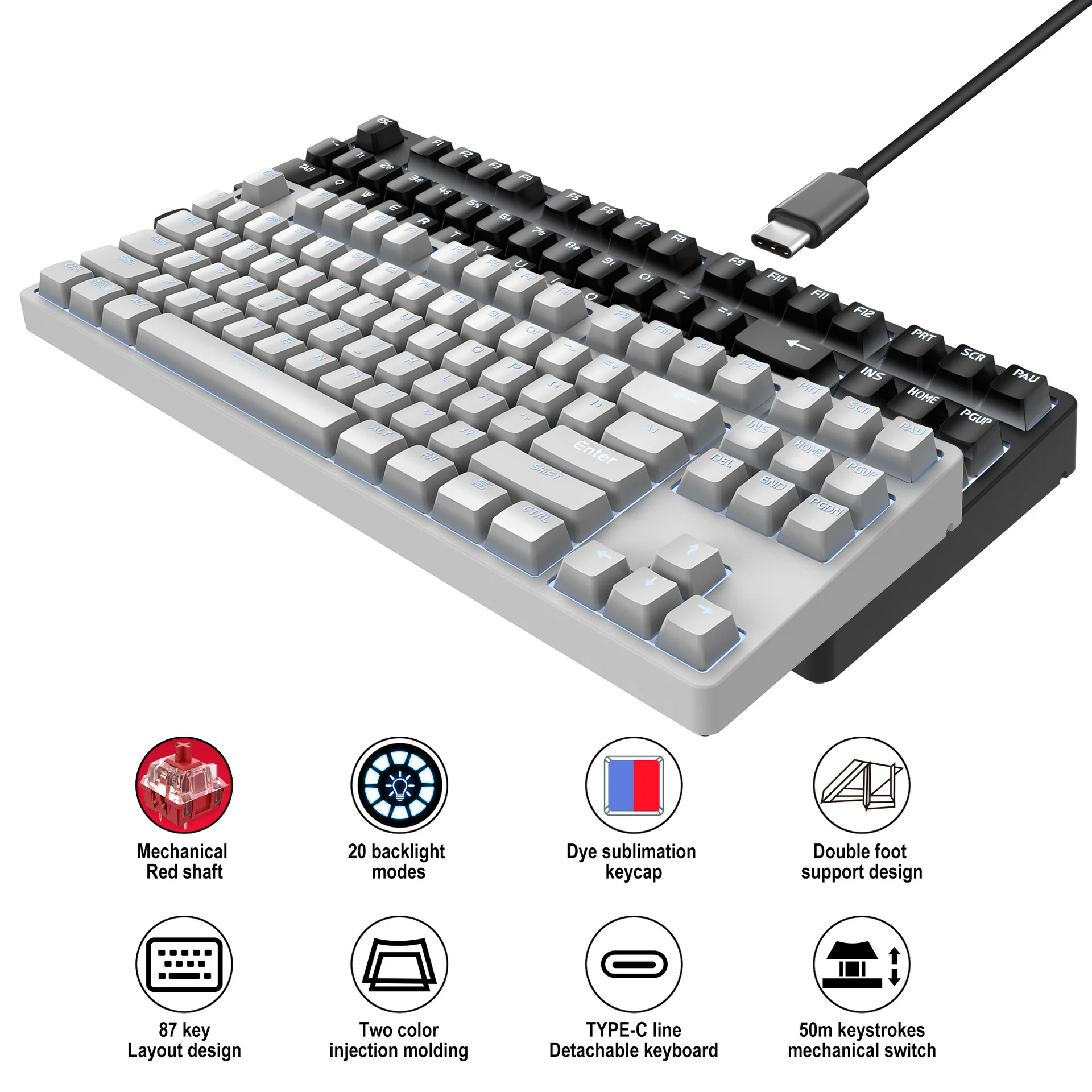 L600 Mechanikus Billentyűzet 87 Kulcs Piros Kapcsoló Fehér Háttérvilágítás c-Típusú Vezetékes Gaming Billentyűzet Támogatás DIY Laptop PC Gamer Kép 4