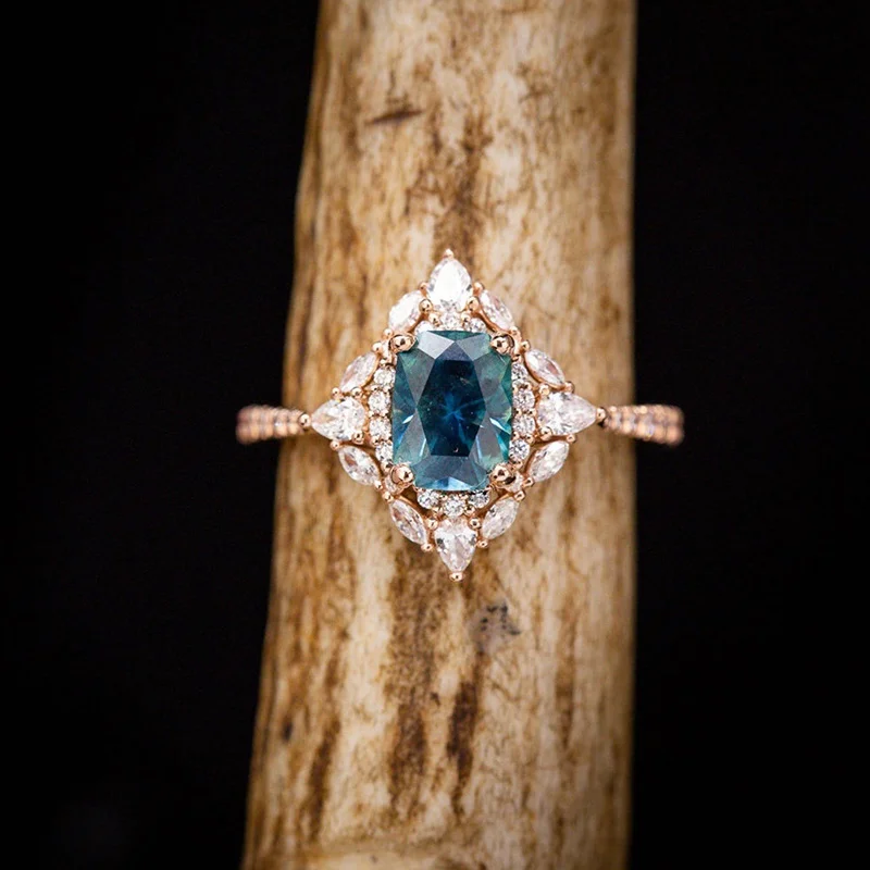 Gyönyörű kék drágakő, gyémánt, születésnapi évforduló ajándék Női Gyűrű Kép 4